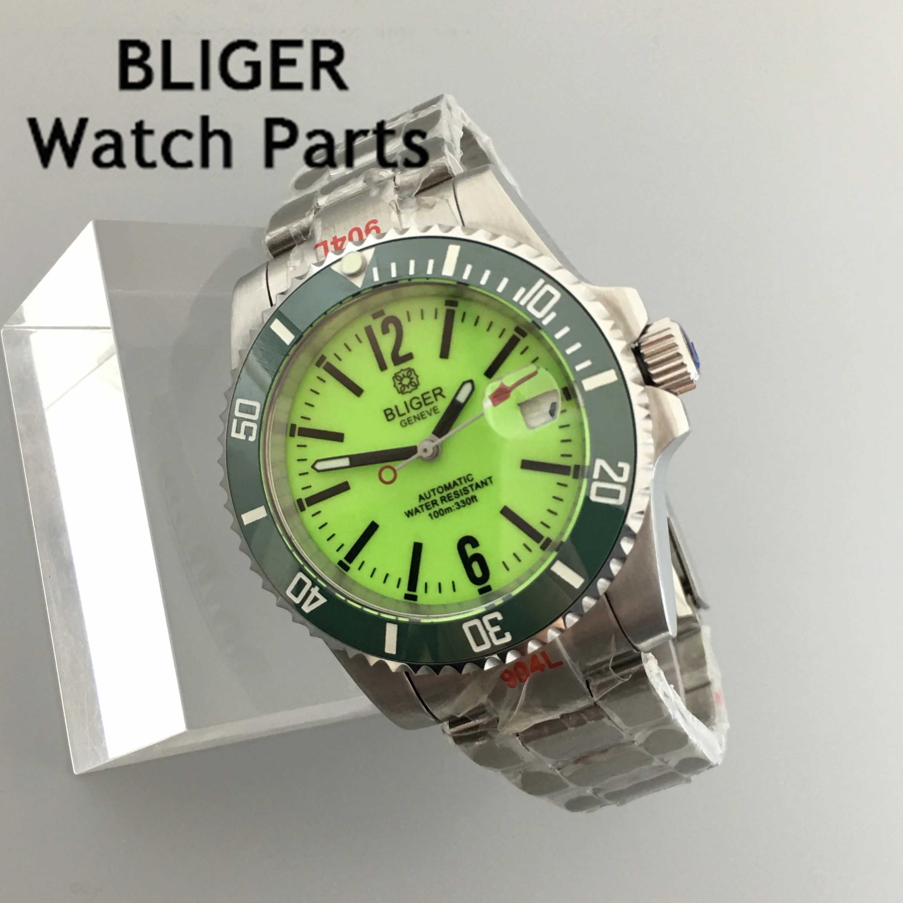 BLIGER 40mm Men\'s Watch NH35A Automatic Movement Mechanical Wristwatch  Case Fluorescent Green White Dial Bezel Full Luminous