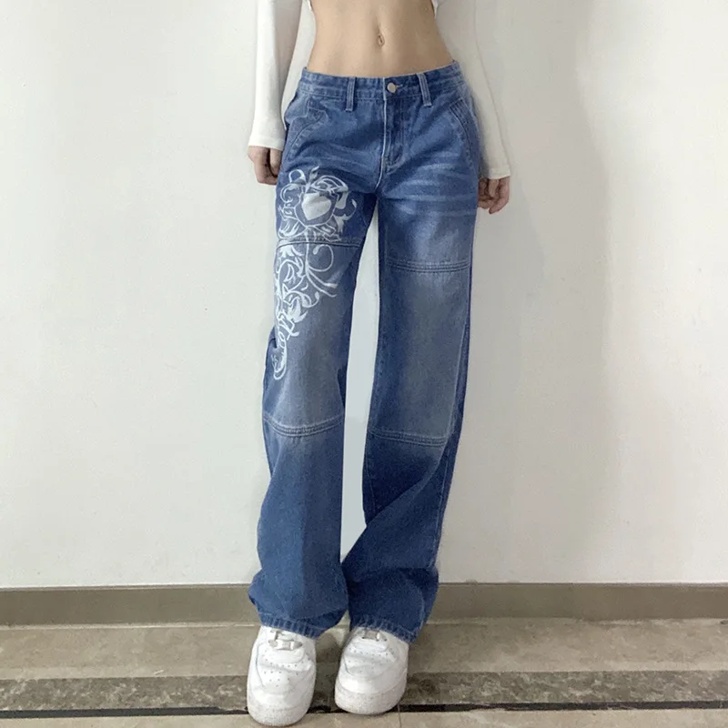 Women Y2K Print Streetwear Gothic Baggy   Jeans Autumn Low Waist Long Trousers Casual Denim Pants Simple Female Buttons Bottoms