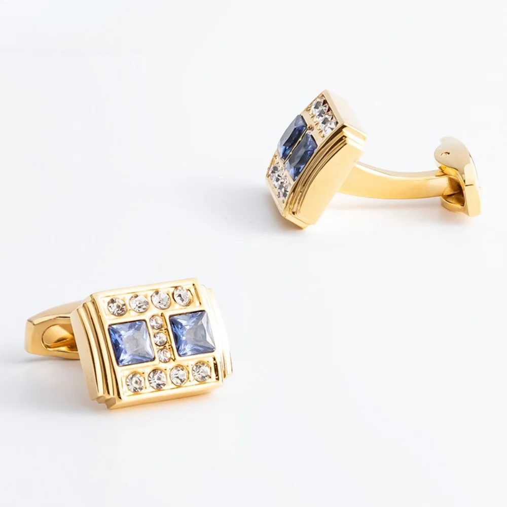 Geometric Blue Rhinestone Studded Cufflinks Men's Business Dress Cuff Nails Men's Formal Attire Banquet Wedding Accessories