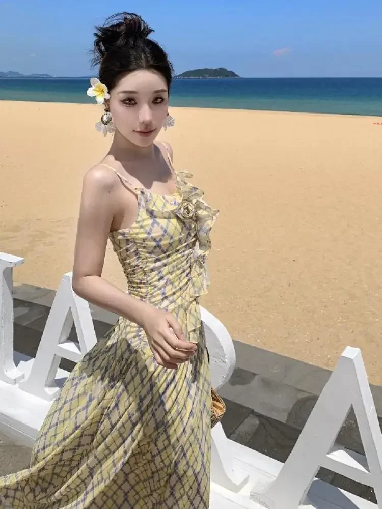 อเมริกัน Retro Elegant Boho Beach Slip Dress ผู้หญิงฤดูร้อนแขนกุดลายสก๊อตชุดยาวเซ็กซี่คลับชุดวันเกิด