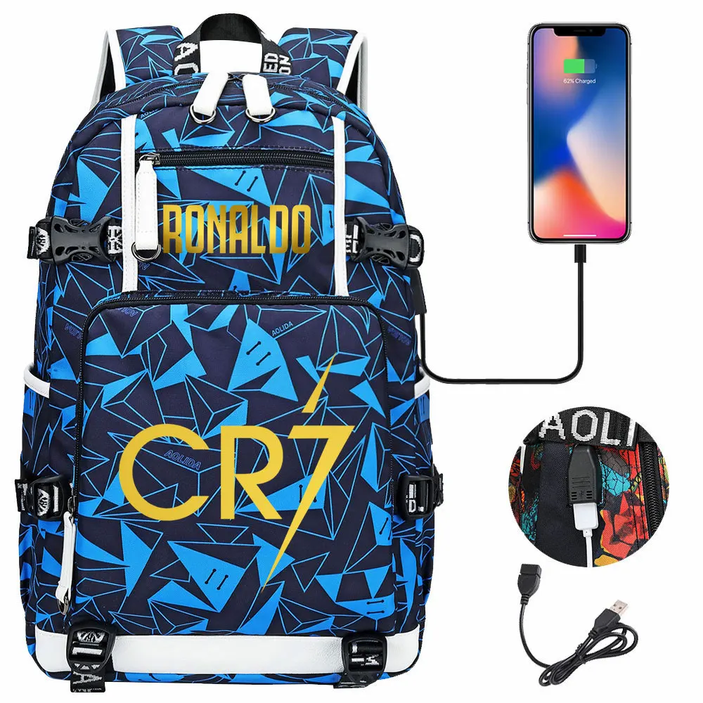 Estrela do futebol Ronaldo impresso mochila USB para homens e mulheres, mochila de viagem lazer, bolsa para computador ao ar livre, estudante jovem