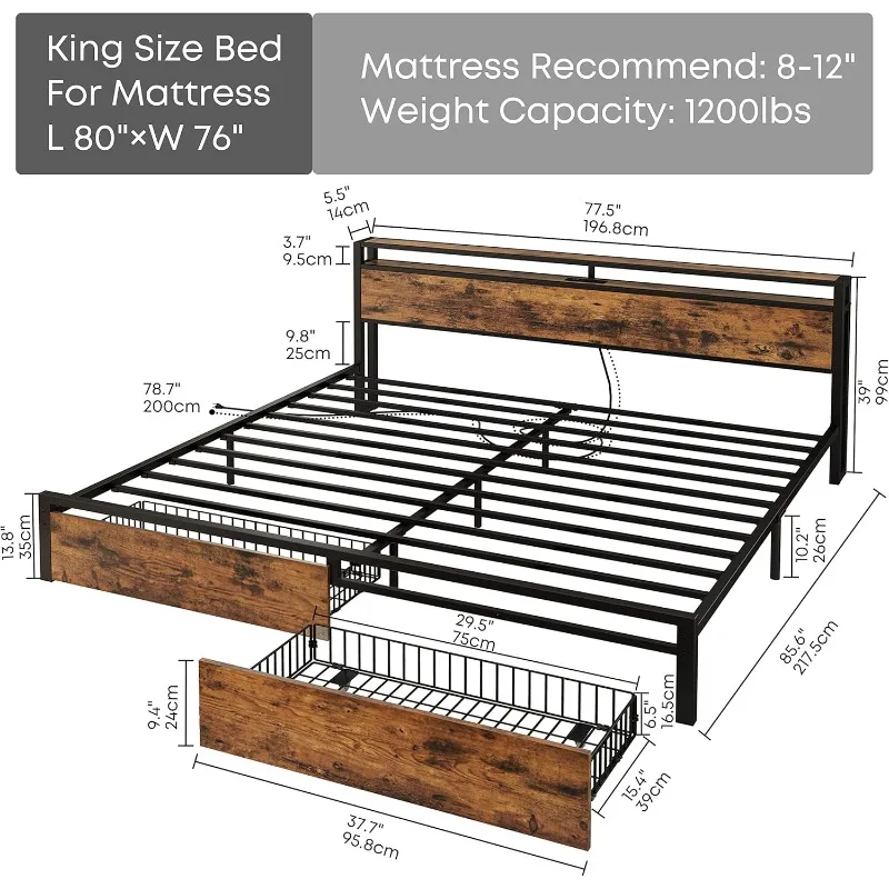 King Bed Frame with Storage Headboard, Platform Bed with Drawers and Charging Station, No Box Spring Needed, Easy Assembly,