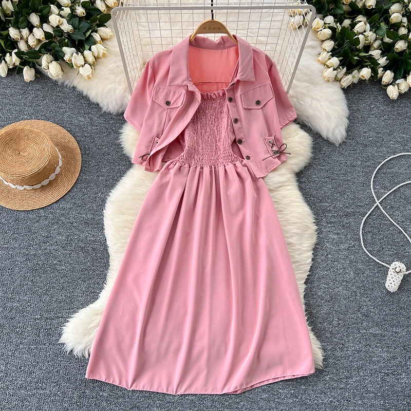 EWQ Casual Solid Color 2 Piece Set Women Versatile Short Sleeved Single Breasted Shirt Strapless Dress 2024 Summer New 27X294