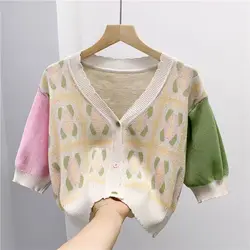 JANZHISAN Women Contrast Color Cardigans Short Sleeve Button Front  Knitting Blouse French Style Vintage Crop Cardigans