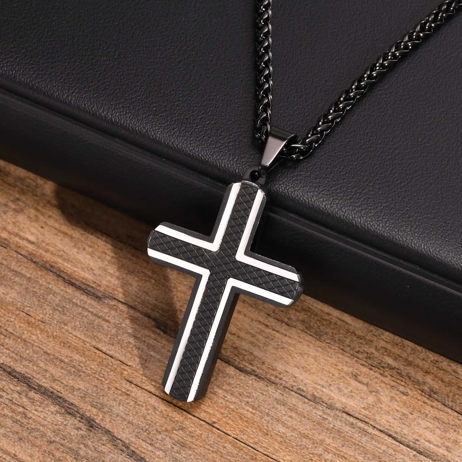 Vnox Cross Necklaces for Men, Blue Black Rhombus Stainless Steel with 60cm Wheat Chain, Stylish Cool Christ Jesus Faith Jewelry
