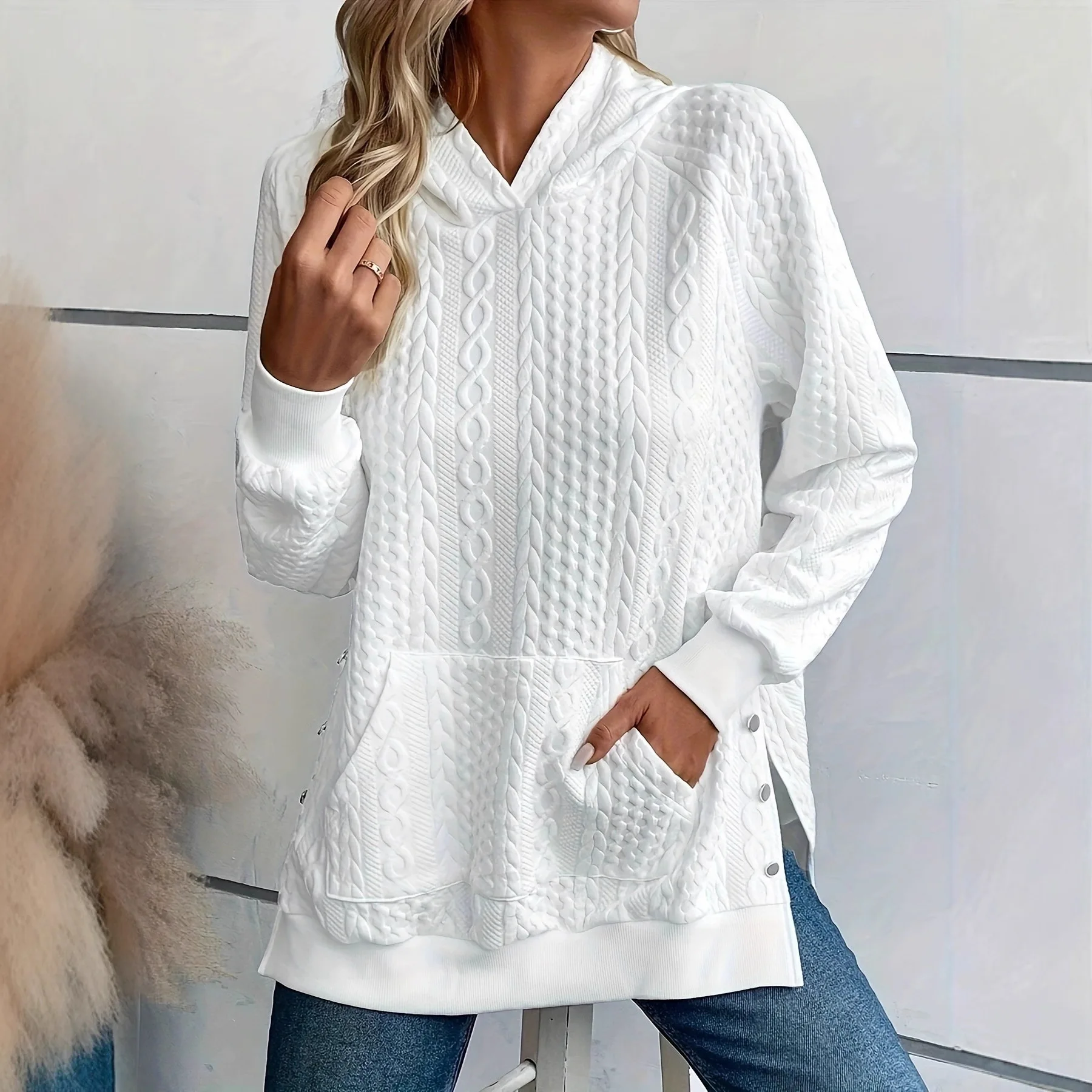Women Cable Textured Hoodie Long Sleeve Kangaroo Pocket Side Button Split Hem Casual Commuter Top