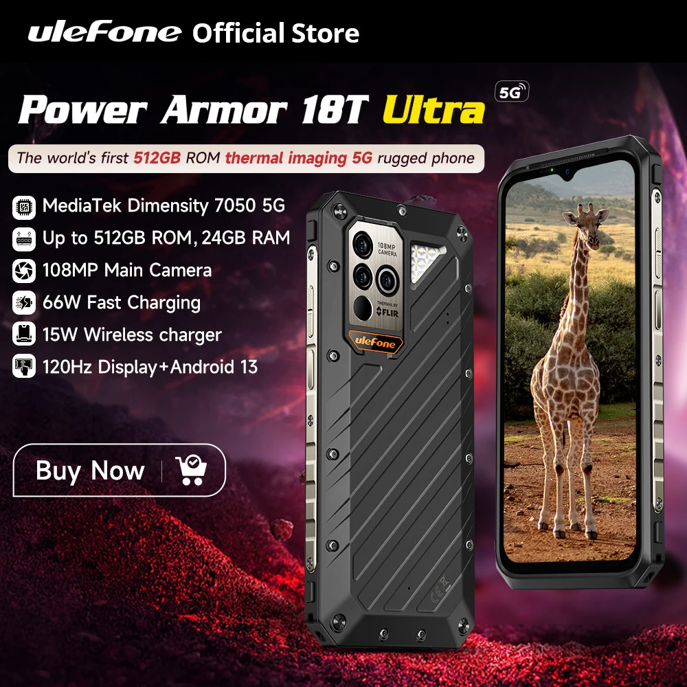 Ulefone Power Armor 18T Ultra 5Gโทรศัพท์ที่ทนทาน 512GB ROM + 24GB RAMกล้องถ่ายภาพความร้อนFLIR®สมาร์ทโฟน 9600mAh 66W,NFC,ชาร์จไร้สาย 15W, 108MP