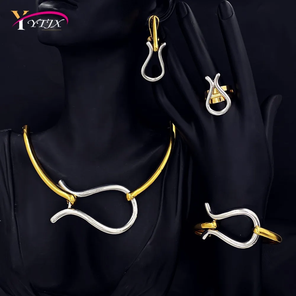 

YTJX 2025 Minimalism Jewelry Set Chic Choker Necklace Bracelet 18K Gold Color Earring Ring For Women Wedding Party Gifts