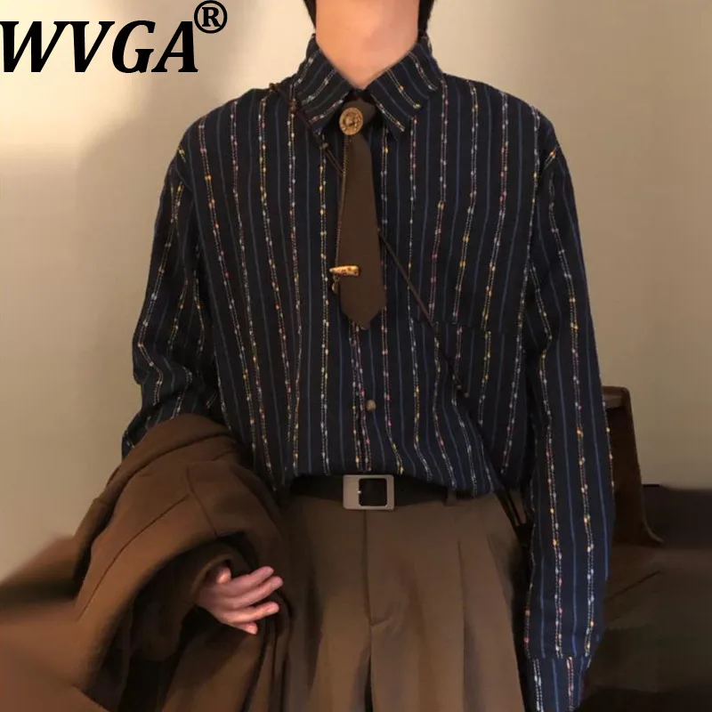 

WVGA 2026 Spring New Men Tide American Style Striped Trendy Tie Turn-Down Collar Long Sleeve Shirt Niche Chic Casual Tops W18860