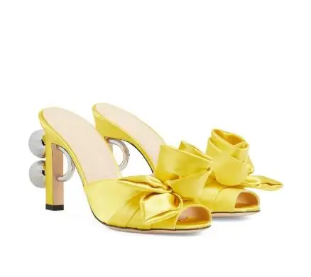 Hot Pink Yellow Satin Flower Peep Toe Slippers Women Metal Ring Ball Strange Block Heel Mules High Heel Sandals Shoes Size 43
