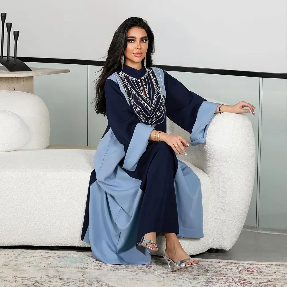 Muslim Diamonds Dress Women Splicing Blue Abaya Fashion High Stand Collar Loose Gown Eid Long Sleeve Maxi Robe Djellaba Caftan