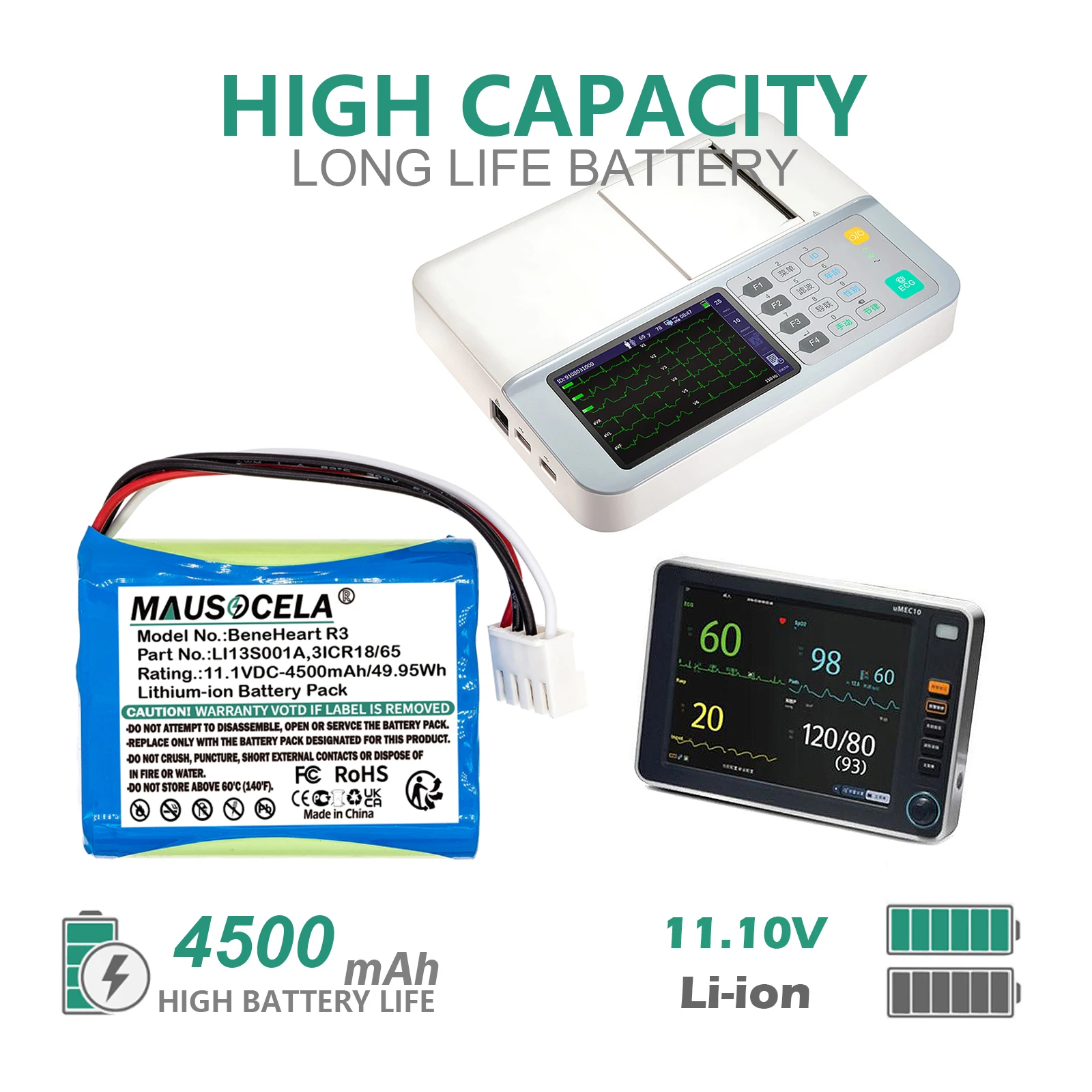 Medical Battery For Mindray:BeneHeart R3,BeneHeart R3A,uMEC10,BeneHeart R3 EKG,uMEC6,uMEC7,uMEC12,UBECONN C9,LI13S001A,3ICR18/65