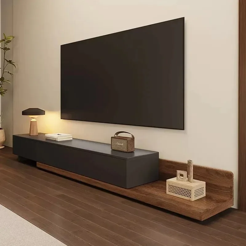 

# Modern European Solid Wood TV Cabinet Retractable Feature Black Walnut Color Multi-Layer Floor Living Bedroom Apartment