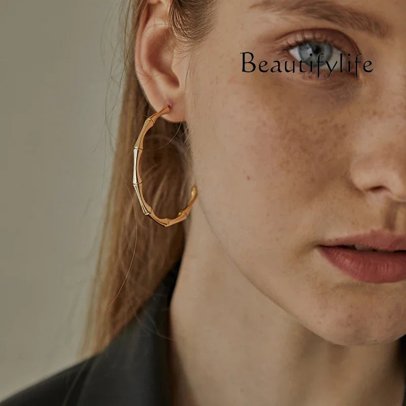 Bamboo exaggerated and simple large circle earrings 925 silver needle earrings copper plated 18k gold European and American big