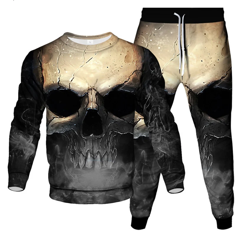 Fashion Skull Fire 3D Print Men\'s Sportswear Set Casual Long-Sleeved T Shirt Pants 2-Piece Set Oversized Pullover Men Clothing