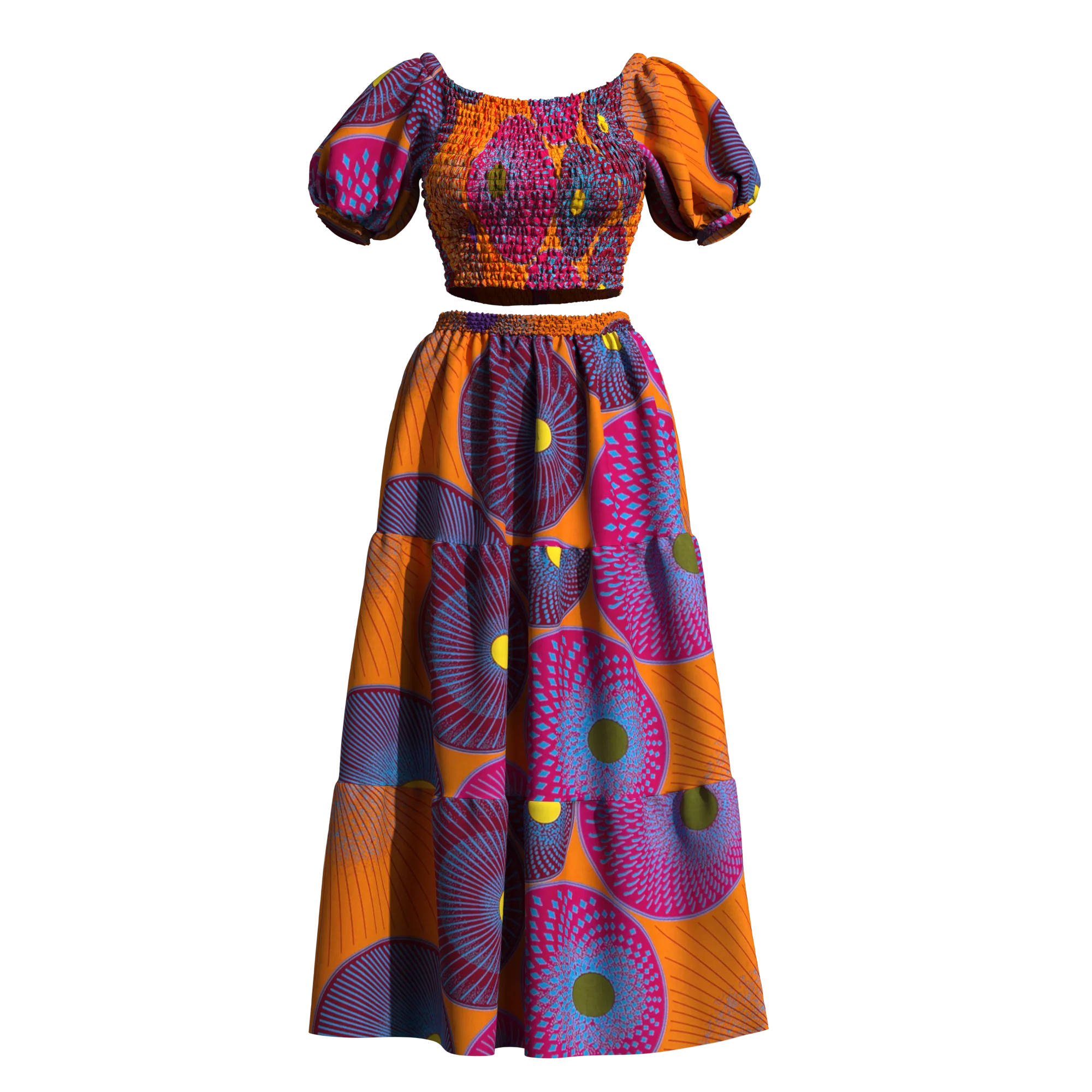 Women African Ankara 2 Piece Outfit Puff Sleeve Smocked Crop Top and Tiered Maxi Skirt Dashiki Wax Print Matching Set wy10568