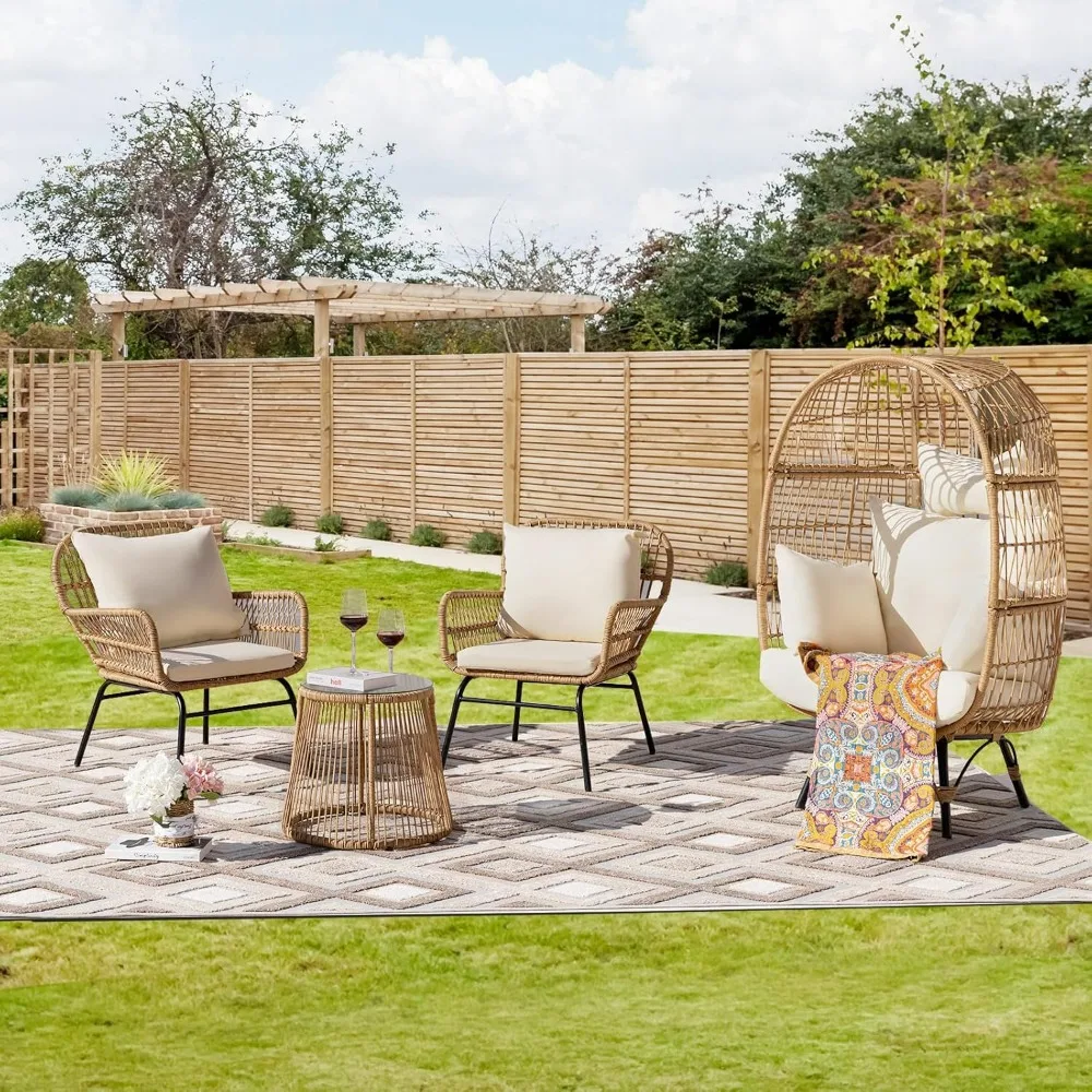 ® 4 Pcs Boho Outdoor Bistro Set With Egg Chair, 500lbs Heavy Duty Seating With Round Table, All Weather Wicker Patio Fur