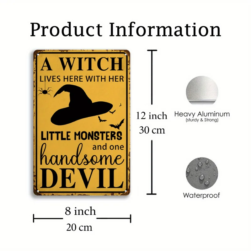 يعيش هنا ساحرة فتحة مع وحوشها الصغيرة والشيطان الوسيم - لافتة القصدير الريفية للهالوين - ديكورات الحائط #2