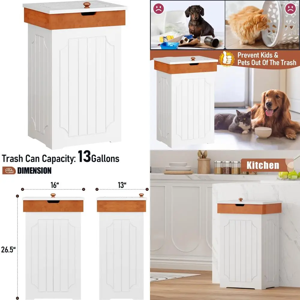 

Sturdy 13-Gallon Kitchen Trash Can with Wooden Recycling Bin and Dog-Proof Design for Home Use