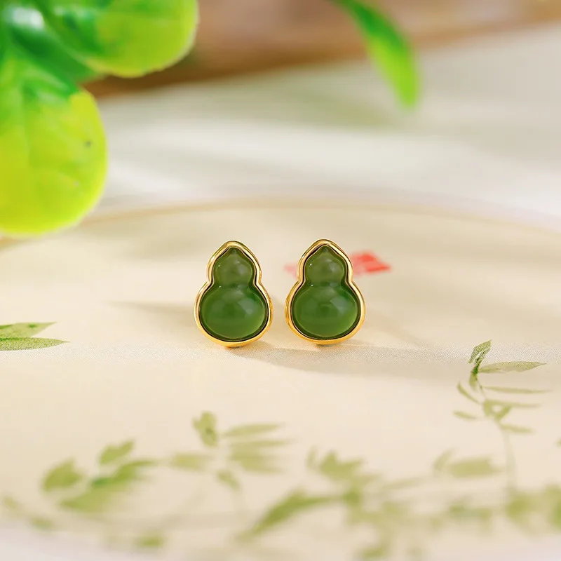 

TIMESWIND Simple Women Green Hetian Jade Gourd Blessing S925 Silver Earrings with Certificate