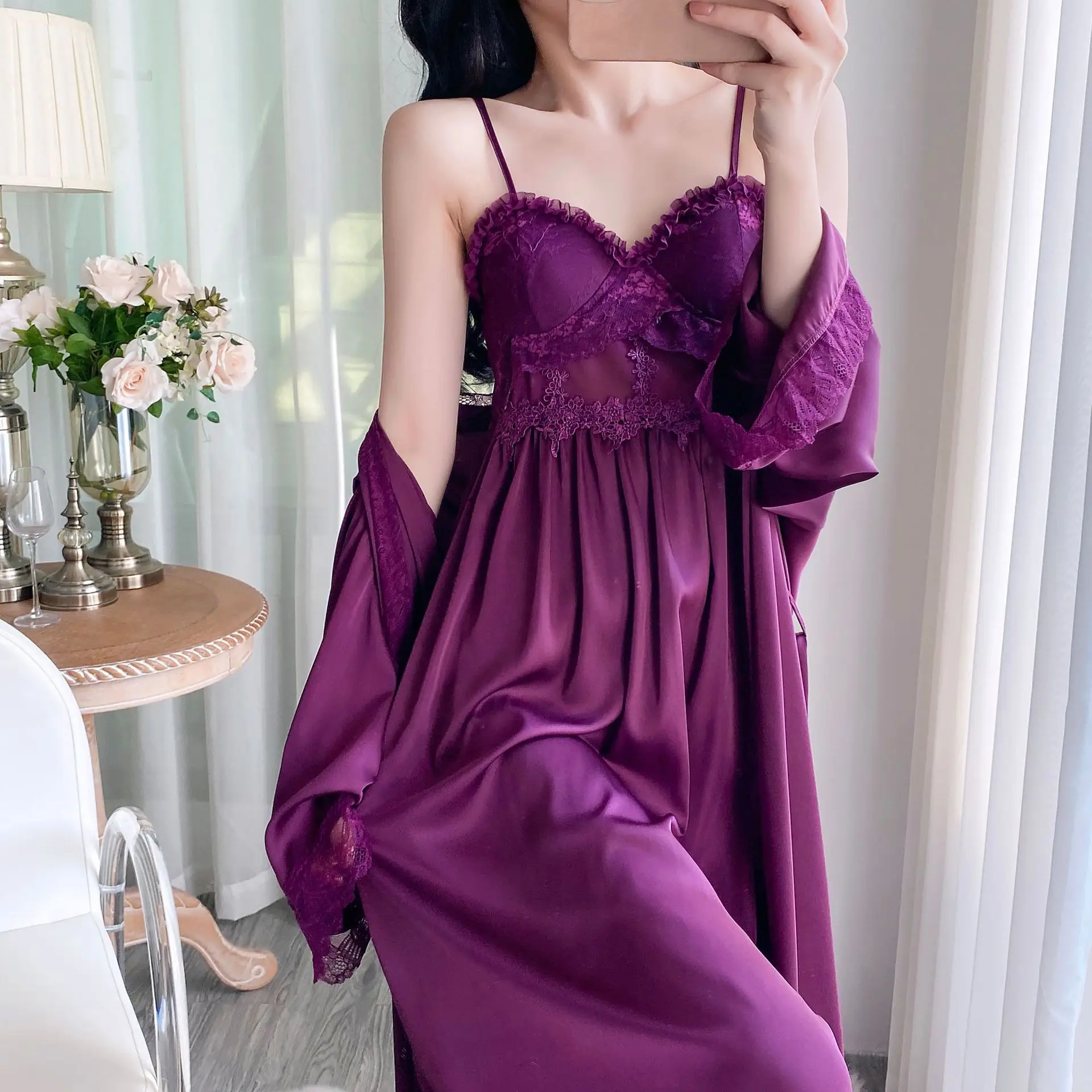 

Summer Women Long Robe Night Dress Sexy Hollow Out Lace Sleepwear Spaghetti Strap Nightgown Loose Ice Silk Homewear