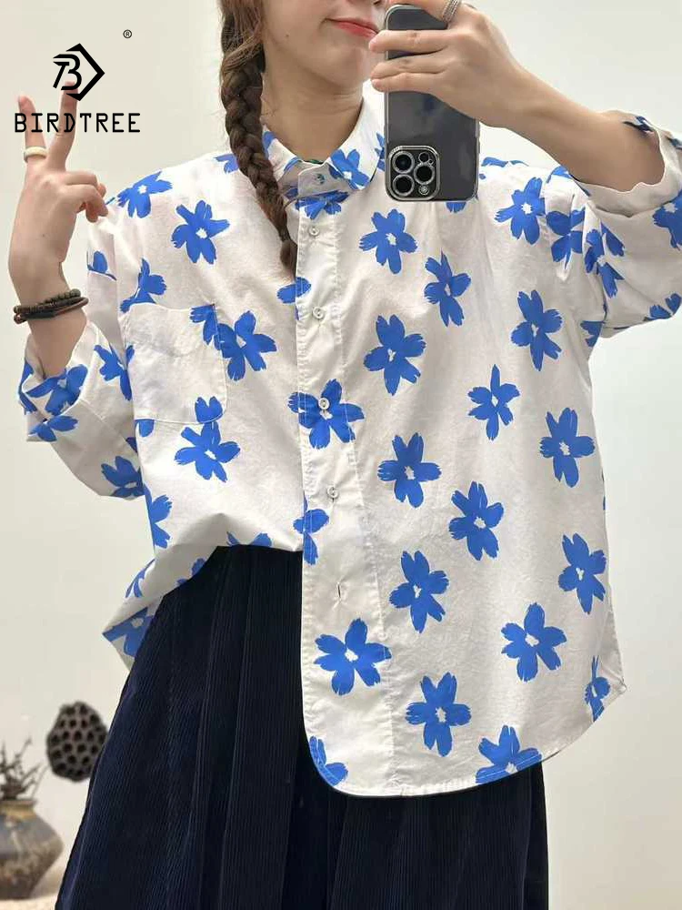 

Новая женская хлопковая рубашка с длинным рукавом Весна 2026, с отложным воротником и мультяшным принтом, в стиле Mori Girl, модная повседневная свободная блузка T61022CC