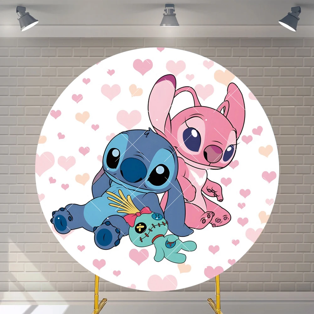 Disney Cartoon Lilo&Stitch Dancing at the Seaside Round Background Children's Birthday Baby Shower Photography Backdrop Custom