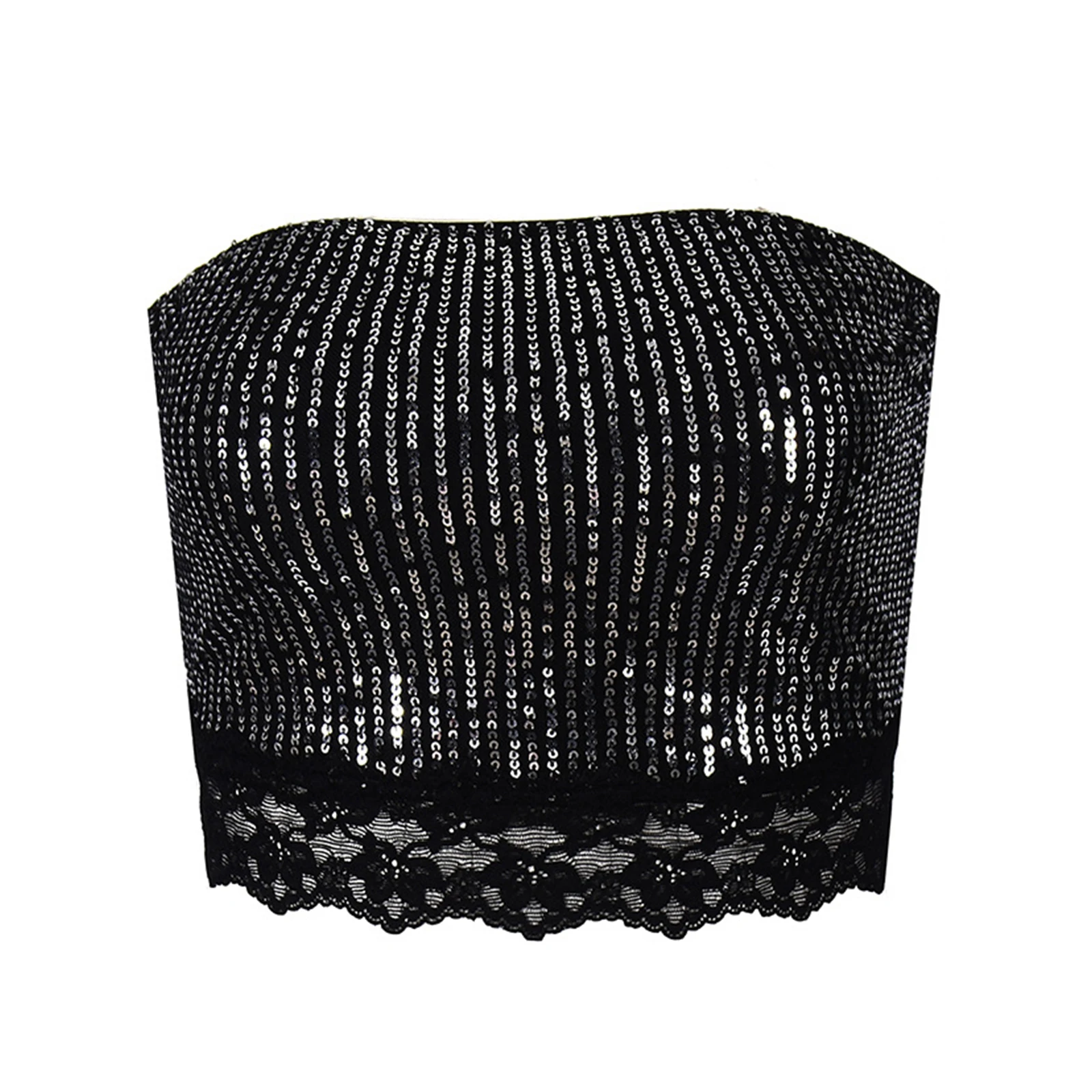 

Glitter Sequin Bandeau Crop Top for Women Strapless Backless Floral Lace Trim Stretchy Tube Top for Party Festivals Clubwear