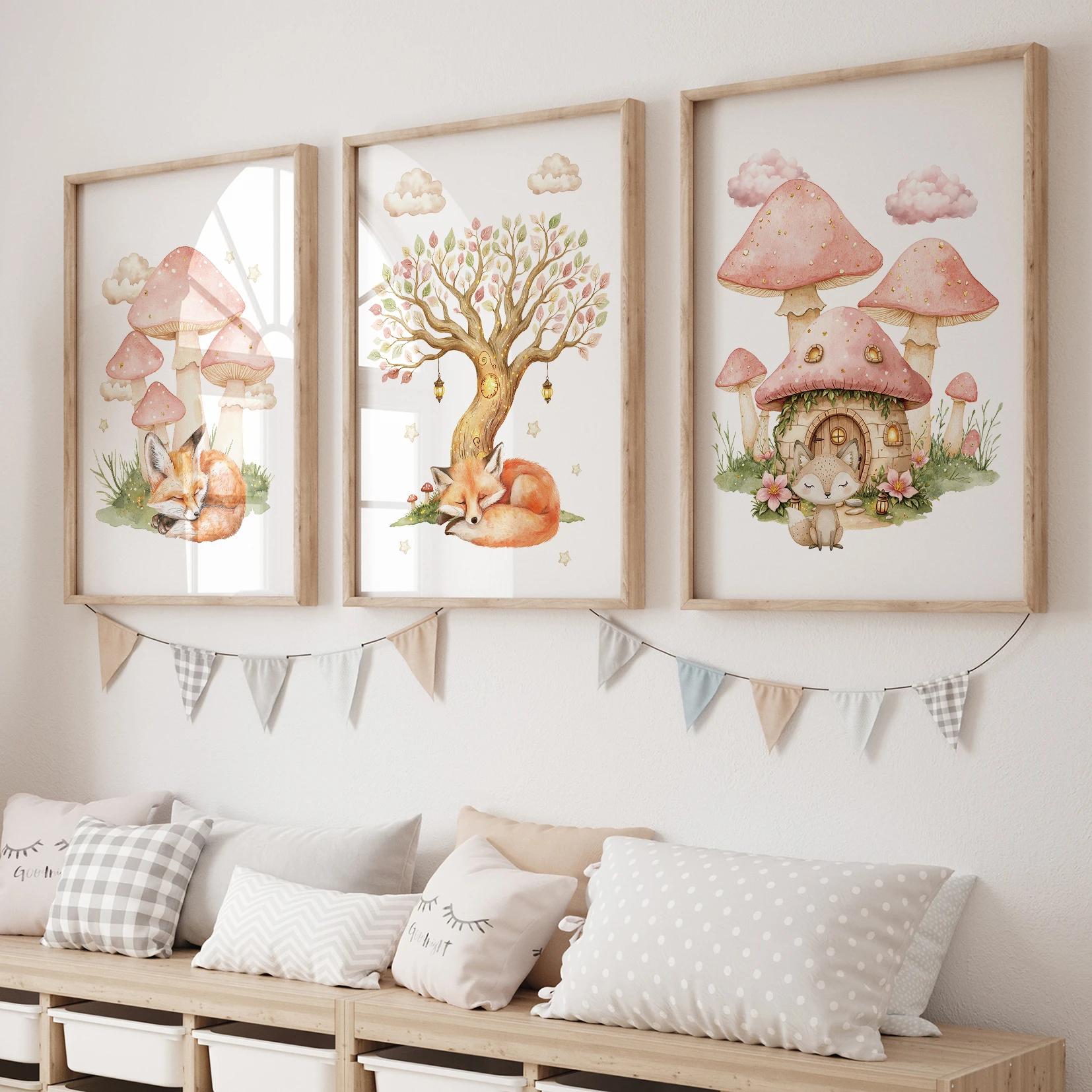 

3pcs Cartoon Children Forest Fox Mushroom House Wall Art Prints Canvas Painting Poster Picture For Living Room Home Decor