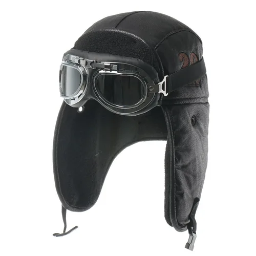Imagen 2 del producto SupSindy Ushanka-Sombrero de bombardero con gafas para hombre, gorro de piloto con orejeras de piel sintética, cálido, a prueba de viento, térmico, de cuero, al aire libre para motocicleta, Invierno