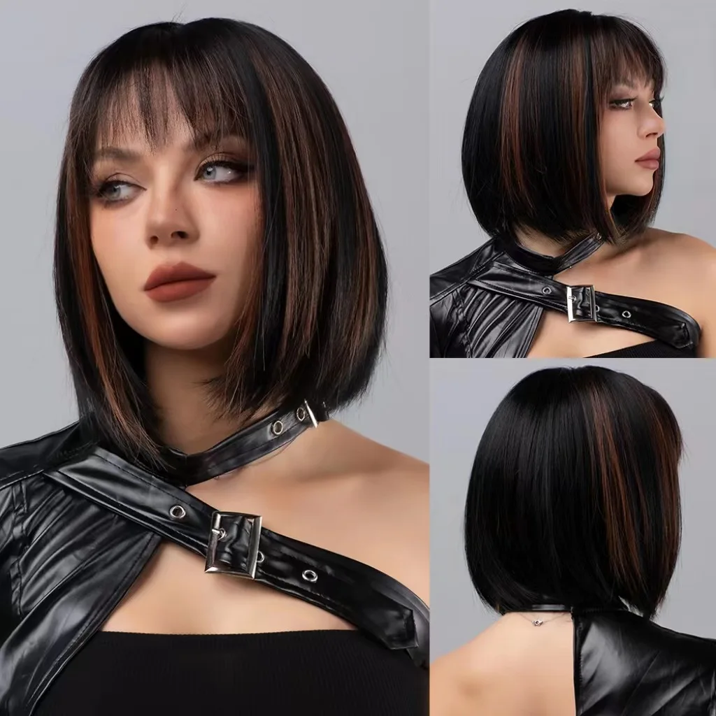 

Short Bob Wig Synthetic Straight Wig with Bangs Suitable for Daily Wear