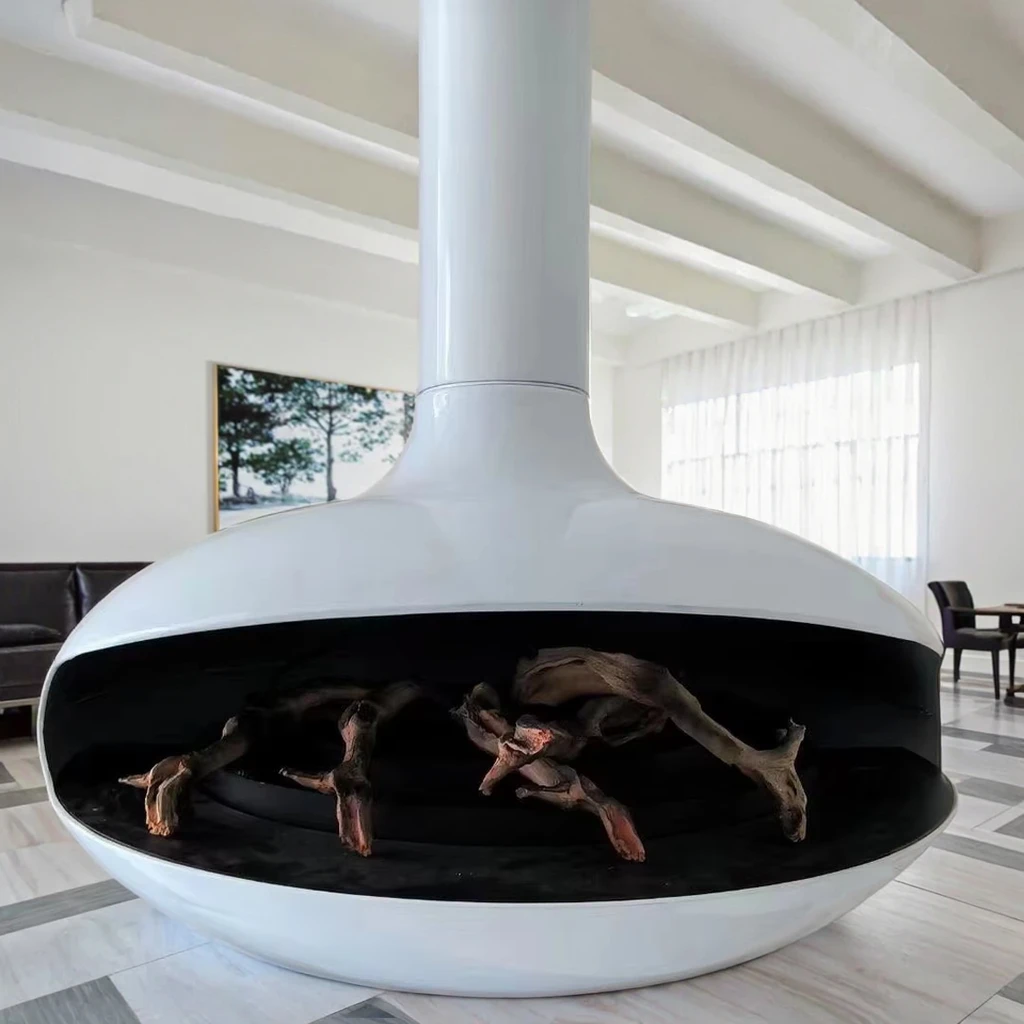 

Современный декоративный подвесной камин из нержавеющей стали с деревянными элементами, отдельностоящий, для использования в отелях и апартаментах, диаметр 900 мм, 3 м