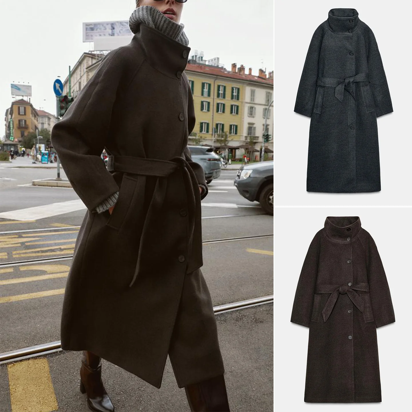 

Autumn Winter Women's British Style Coat Soft Long Sleeve Stand Collar with Pocket Decoration And Waist Belt 3046369