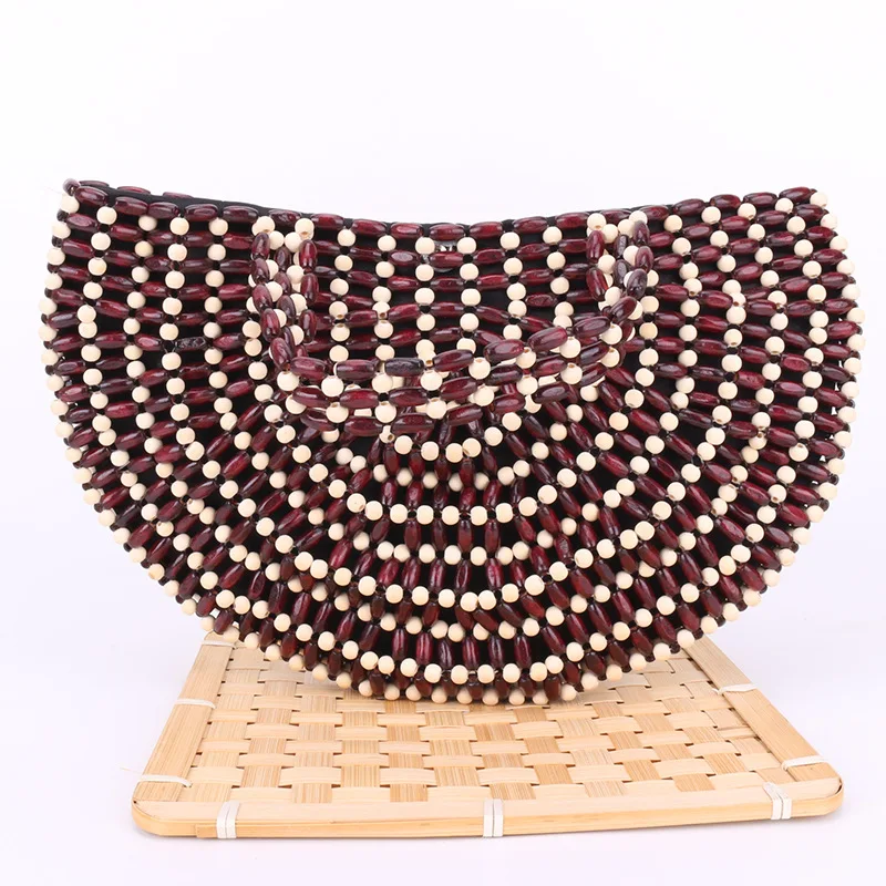 2022 Hand Made Sector Bag Semicircle Wooden Beads Sponge Lining New Fashion Shoulder Handbag Purses and Handbags Luxury Designer