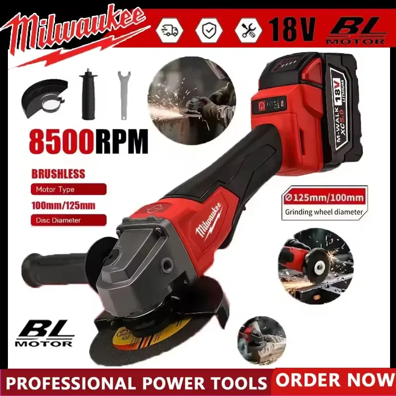 

Milwaukee 125mm Brushless Angle Grinder Polishing Cutting Machine No-Lock Paddle Switch Electric Cordless Power Tools