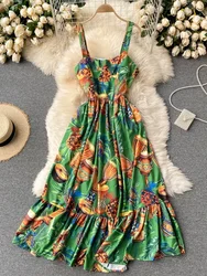 Summer Fashion Printed Sling Dress Women's Holiday Ruffled Square Collar Waist Slimming Beach Midi Dress C455