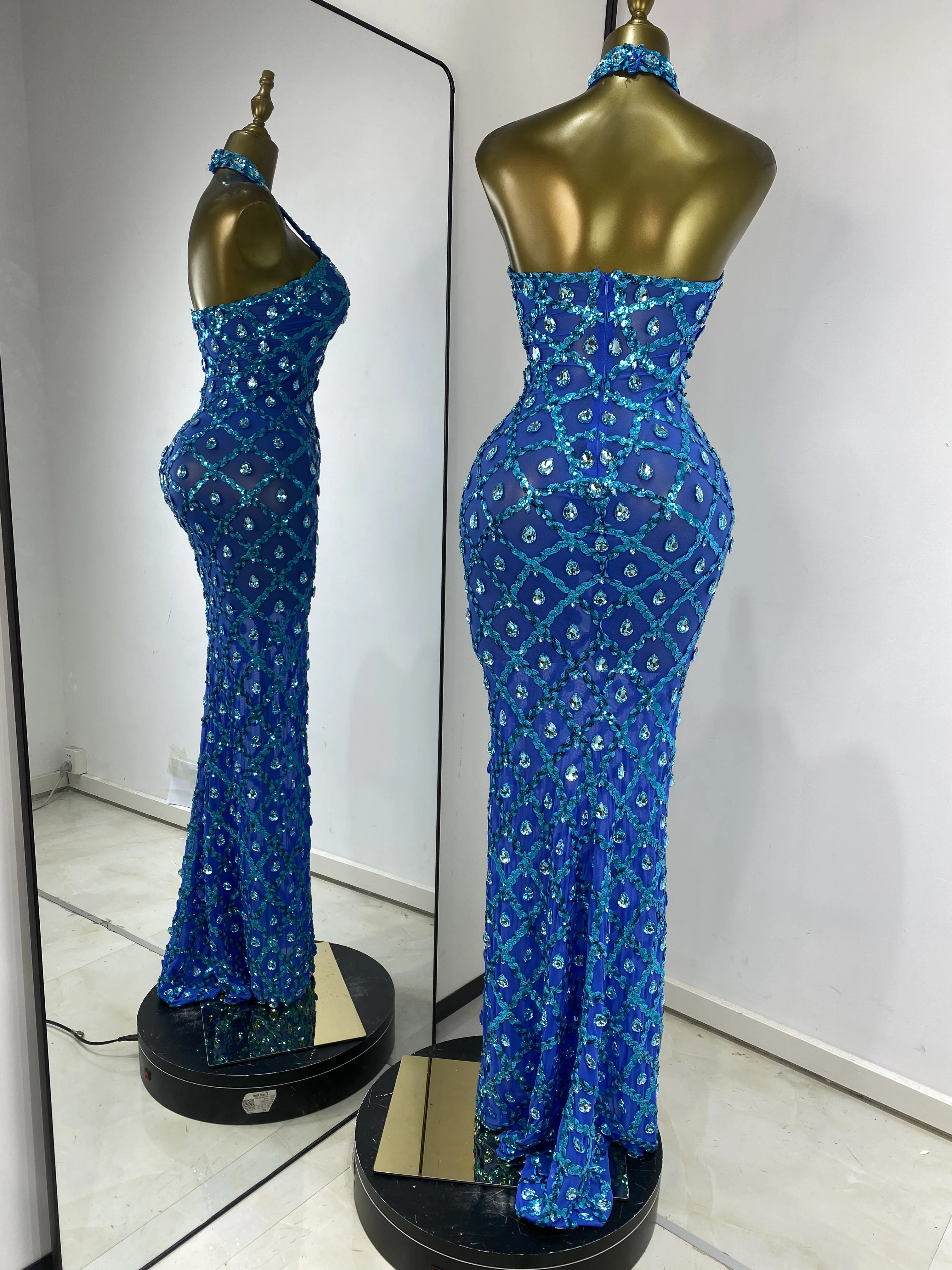 Luxus-Abschlussballkleider für Damen, blau, glitzernde Strasssteine, Pailletten, Neckholder, rückenfrei, Maxi, lang, für Geburtstag, Abend, Club, Party