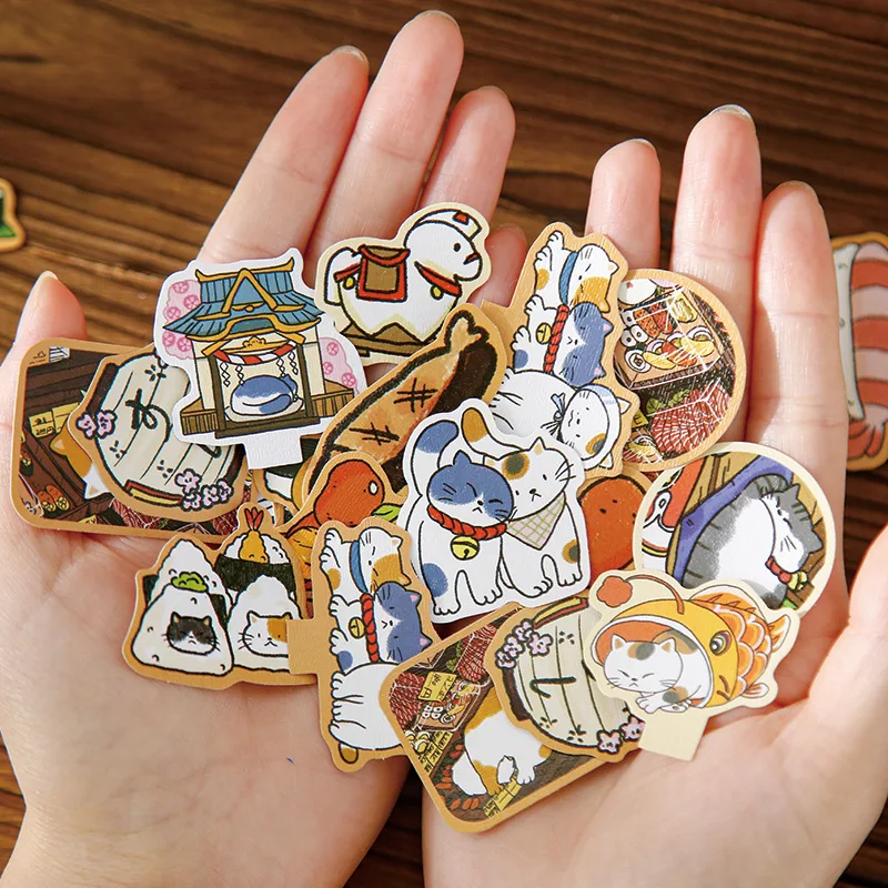 Vintage Japanese-Style Small Object Stickers Traditional Design Lucky Cat With Sakura Koi Fish Ramen Noodles Foods DIY Sicker