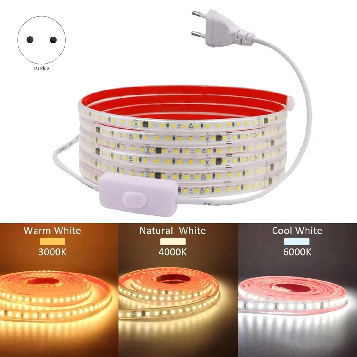 Just- 220V IP68 Waterproof 120LEDs/M LED Strip Light SMD 2835 Flexible Ribbon Tape Lamp on OFF Switch EU Plug for Outdoor 7m C