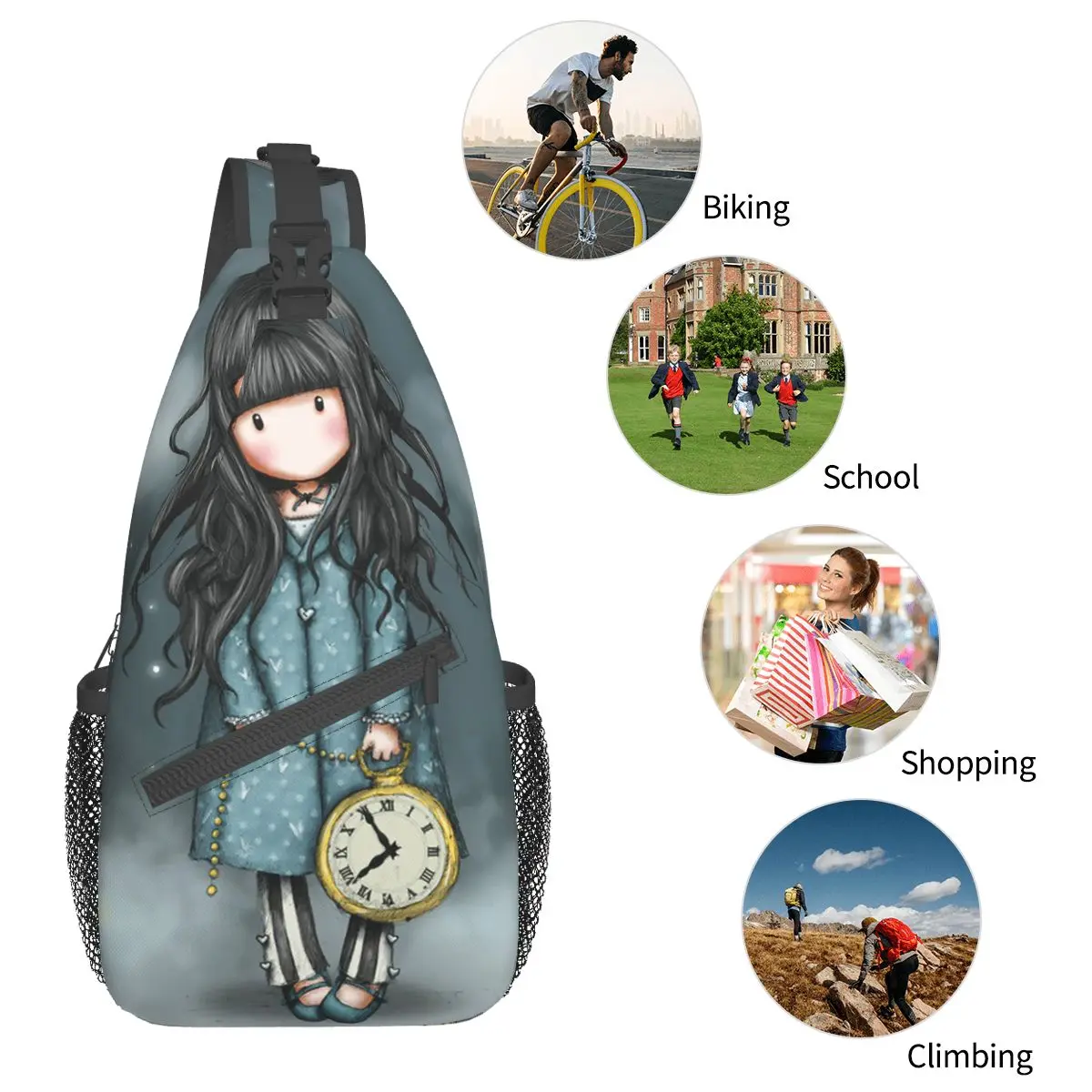 Santoro Gorjuss Boneca Crossbody Sling Bag Casual Peito Bag Cartoon Ombro Mochila Mochila para Caminhadas Outdoor Sports Satchel