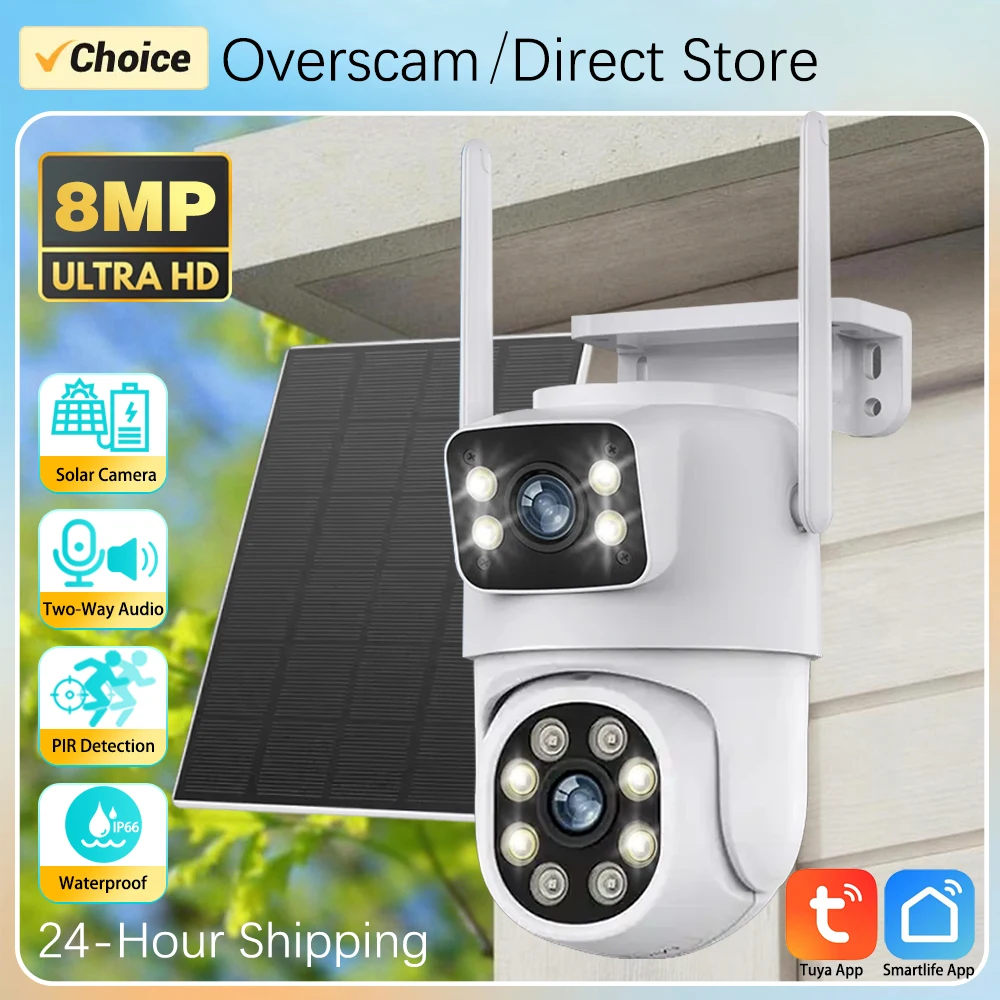 

Tuya 8MP 4K Solar IP Camera WiFi Outdoor Dual Lens PTZ Security Camera Built in Battery Solar Panel Wireless Camera PIR Detectio