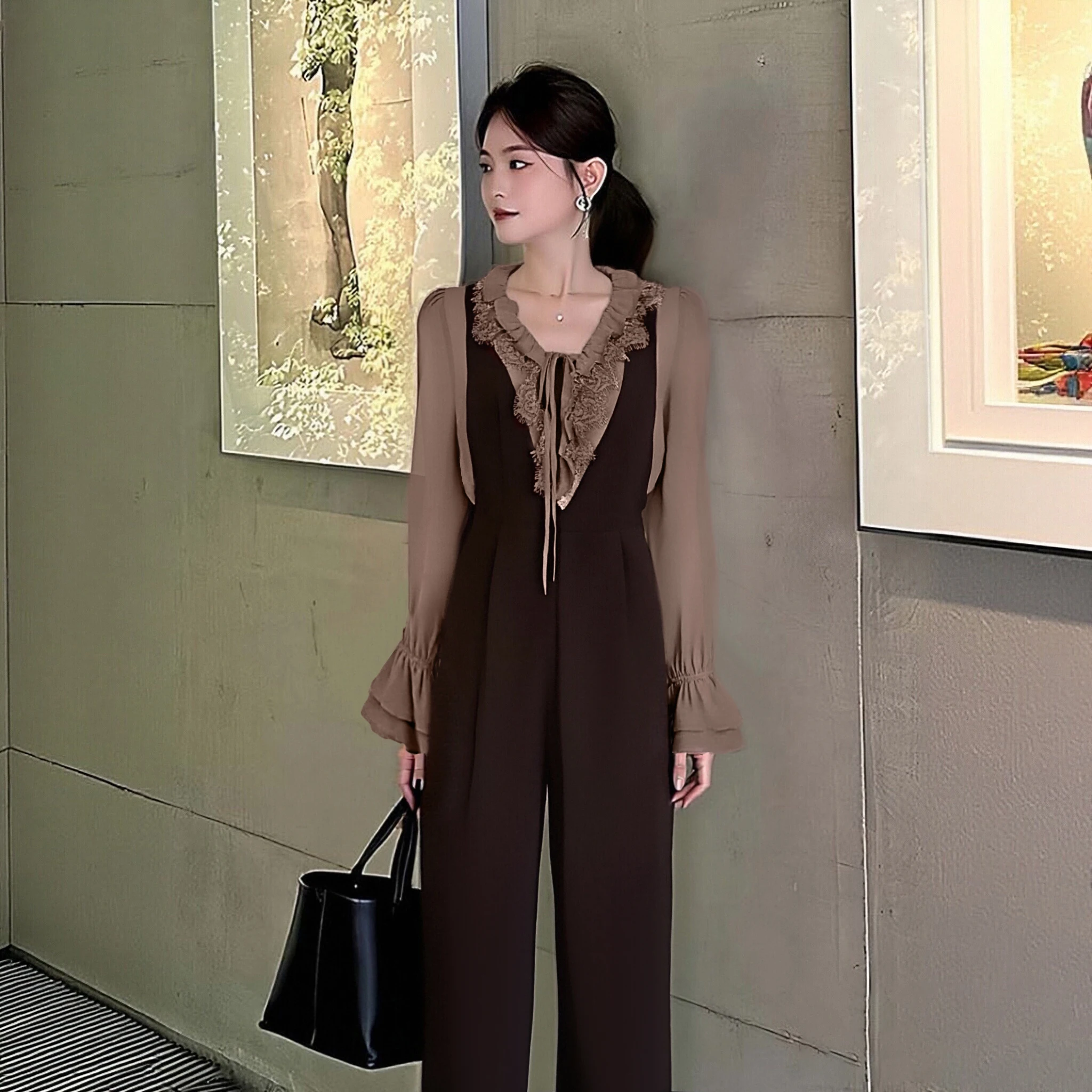 

Ele irt-Sle Overlap Design High Waist Long Pants One-Piece Suit for Women Autumn New Arrival Faionable Ladylike