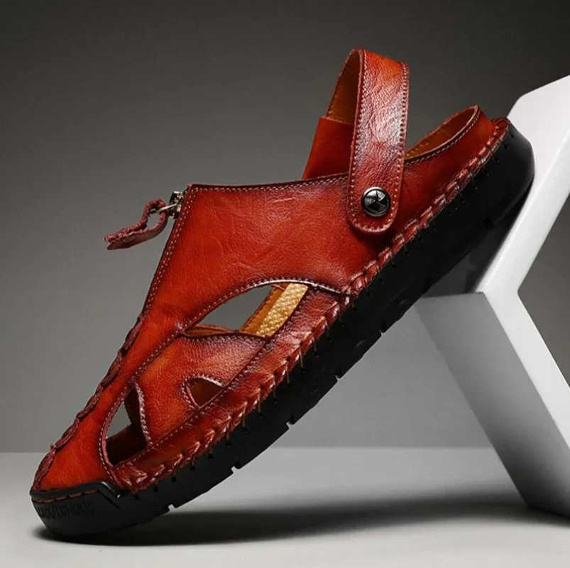 

2025/мужские сандалии, летние нескользящие мужские повседневные туфли из натуральной кожи с ручным шитьем, мягкие Zapatos на плоской подошве, Sandalias Hombre