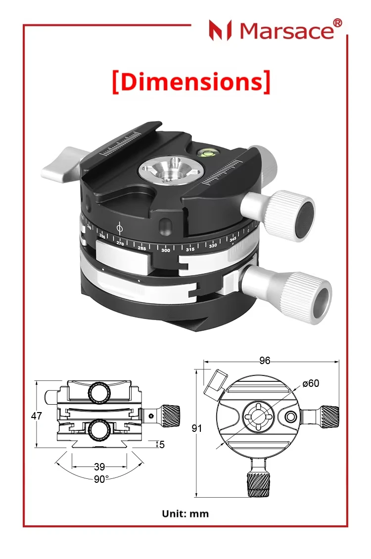 Marsace DW-4 Panorama-Stativkopf mit Getriebe, Arca QR, Wasserwaage, präzise Einstellung für Canon, Sony, Nikon, Fuji, DSLR, spiegellose Kameras, Stativ, Einbeinstativ – Detail 10