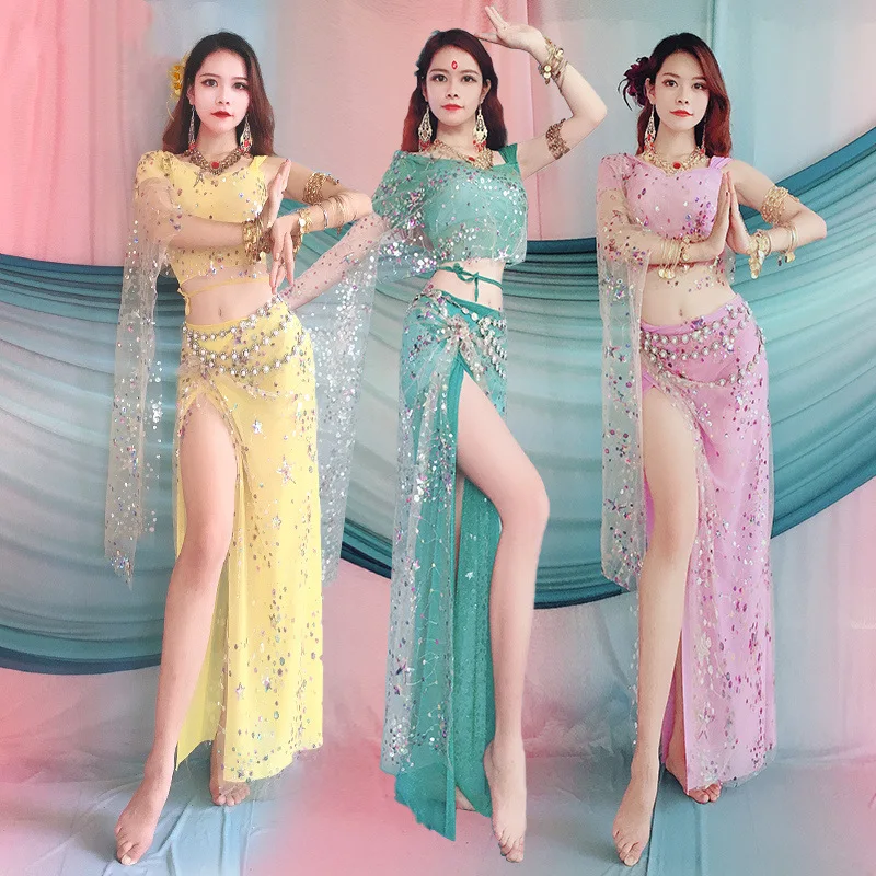 

erotic belly dance costume Women Oriental Practice Wear Professional Bellydance Top Solid Color Split Long Skirt Set Outfit