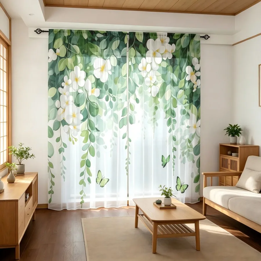2PCS Digital Print Sheer Curtain, Gardenia Green Vine Floral Botanical Fresh Window Drapes for Living Room Bedroom Home Decor