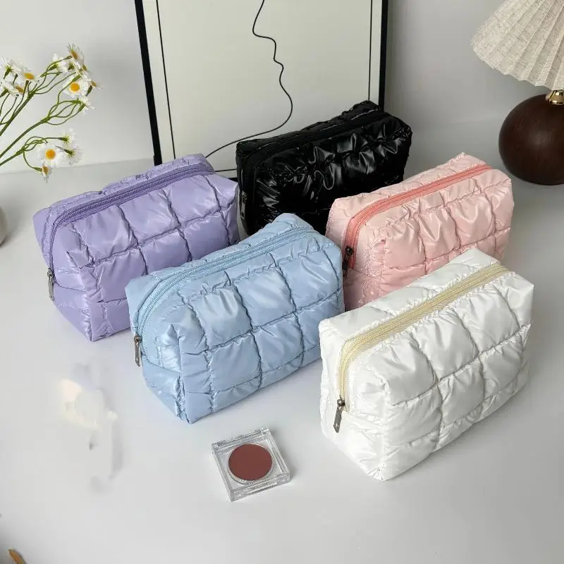 Cute Soft Cotton Puffer Quilted Makeup Bag Zipper Large Toiletry Bag Puffy Padded Cosmetic Organizer For Women
