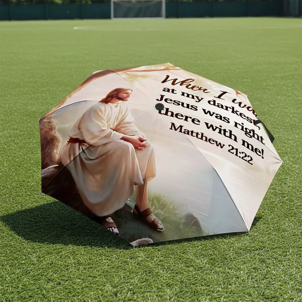 1P C Inspirational Umbrella with Religious Message and Artwork Print 8 Iron Ribs Folding Umbrella Auto-Open Fashion Sunshade