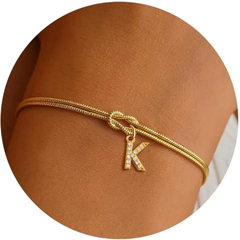 女性用18K金メッキブレスレット,スネークチェーン,ラブノット,チャームブレスレット,ステンレススチール,カップルギフト,A-Z