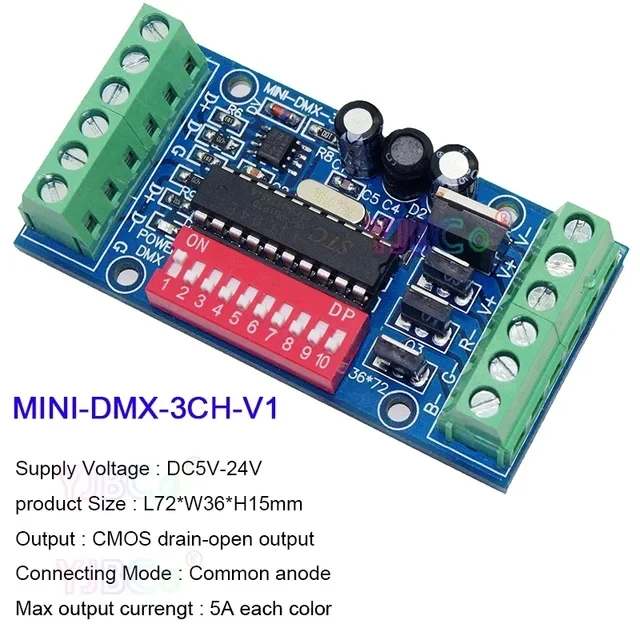 MINI 3CH DMX LED Controller RGB DMX512 Decoder,3 Channel 1 Group DC5V-24V CMOS drain-open output